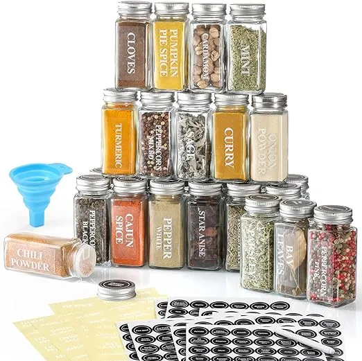 AOZITA 24 Pcs Glass Spice Jars with Spice Labels - 8oz Empty Square Spice Bottles - Shaker Lids and Airtight Metal Caps - Chalk Marker and Silicone Collapsible Funnel Included