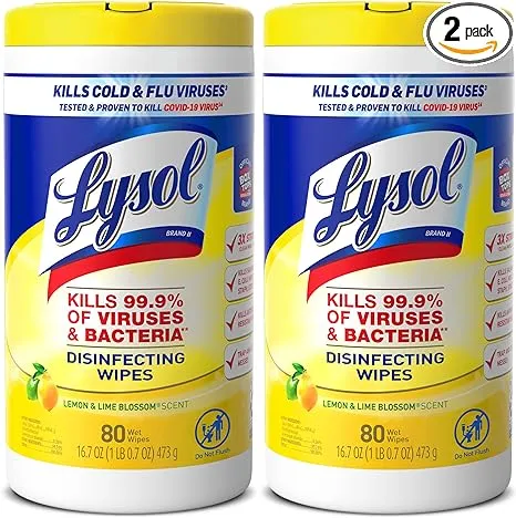 Lysol Disinfectant Wipes Multi-Surface Antibacterial Cleaning Wipes For Disinfecting and Cleaning Lemon and Lime Blossom 80 Count (Pack of 2)