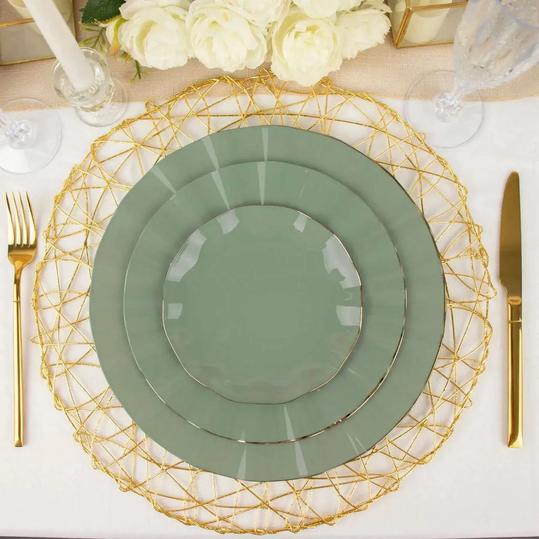 Balsacircle 10 6" Round Disposable Salad Dinner Plastic Plates Gold Wavy Trim Wedding Party Tableware