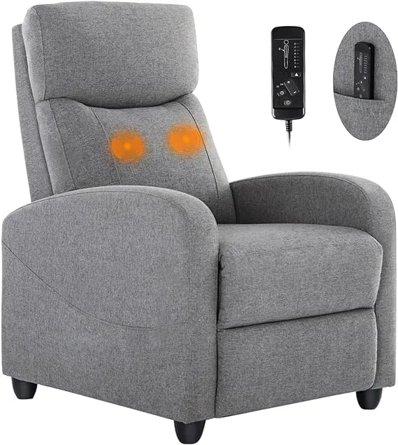 Sweetcrispy Modern Massage Recliner Chair with Lumbar Support for Adults, Fabric Home Theater Seating, Small Reclining Chair with Padded Seat and Backrest for Living Room, Grey