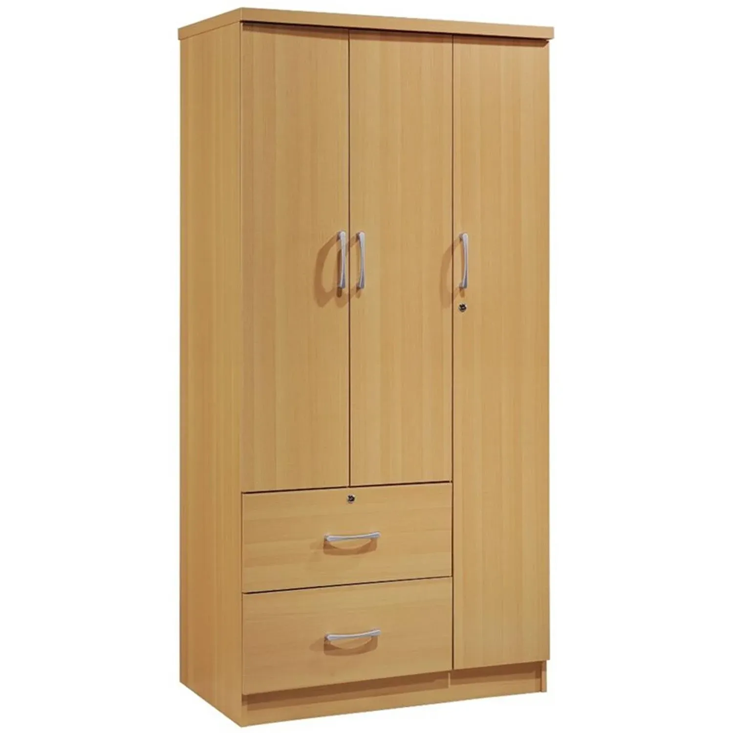 Hodedah 3-Door Armoire with 2-Drawers, 3-Shelves - Beech