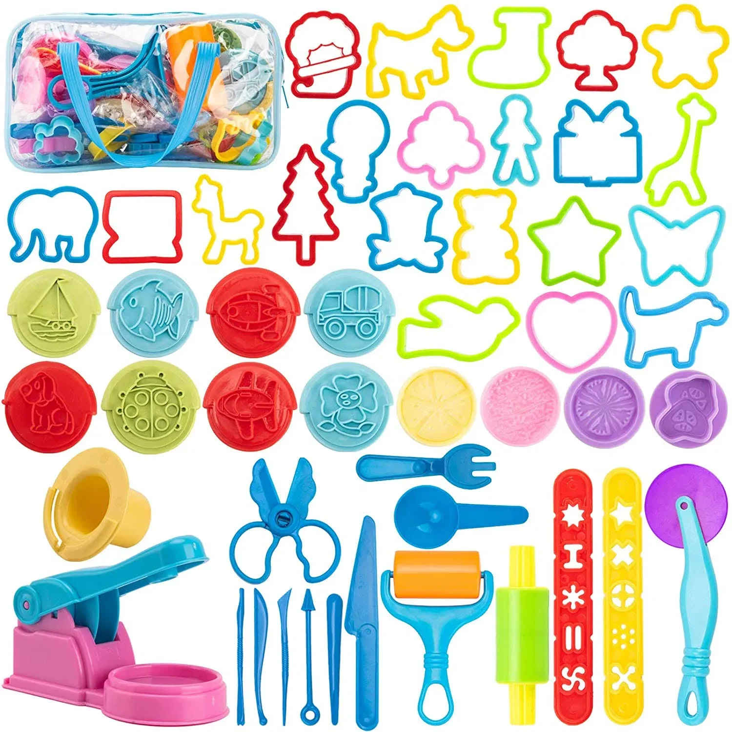 Dough Tools for Kids, 46Pcs Dough Toys Include Play Food Molds - Cupcakes, Ice Cream, Noodle, Play Bulk Pack with Roller, Cutters, Scissor, Dough Mat and Storage Bag Gifts (Tools)