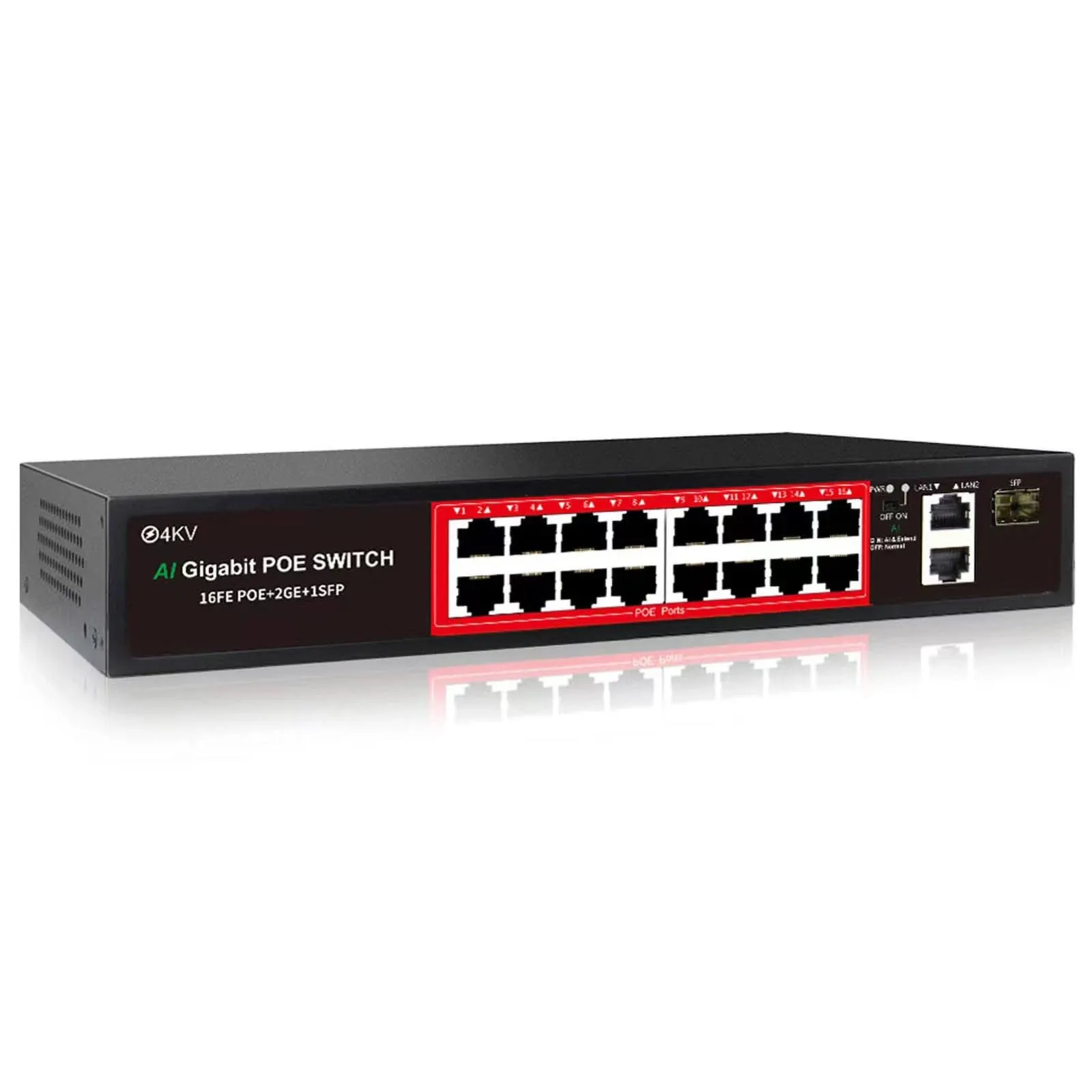 PoE Switch with 16 POE Ports +2 Gigabit Uplink,1 x 1.25G SFP,802.3af/at PoE+ 100Mbps, 240W Built-in Power, Extend to 250Meter,Unmanaged Metal Plug and Play