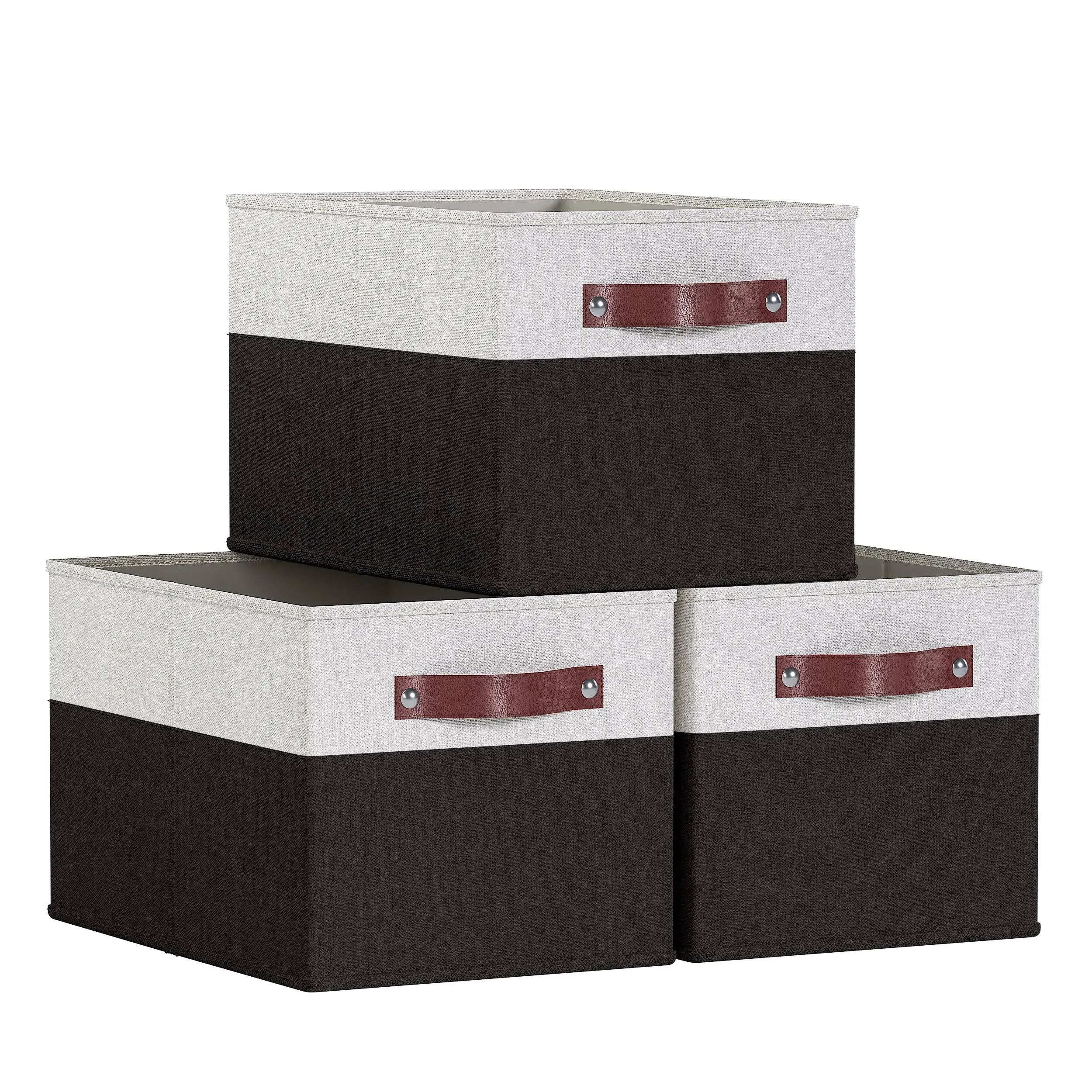 Foldable Linen Storage Bin with Leather Handles  - Set of 3