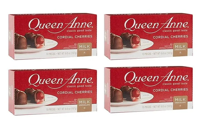 Queen Anne Milk Chocolate Covered Cordial Cherries | 6.6 oz (Pack of 4) | 10 Piece Gift Boxes | Whole Cherry Sweet Creamy Fruity Flavor | Holiday Candy