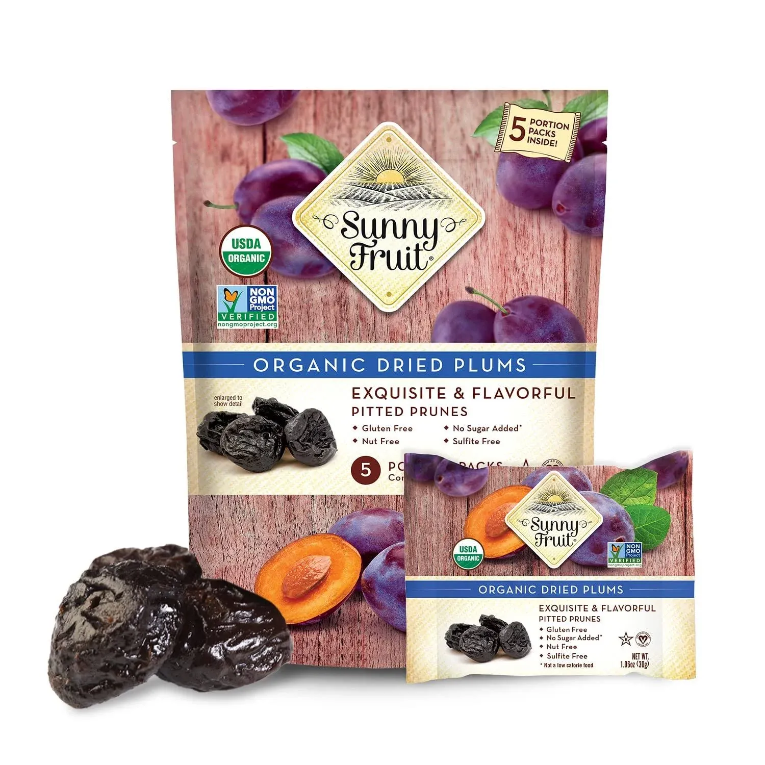 Sunny Fruit Soft Organic Prunes - 1 Bag (5 Individual Portion Packs) | Healthy, Convenient Dried Plums Snack Packs | ORGANIC, NON-GMO, VEGAN, HALAL, KOSHER, NO PRESERVATIVES, NO SUGAR ADDED