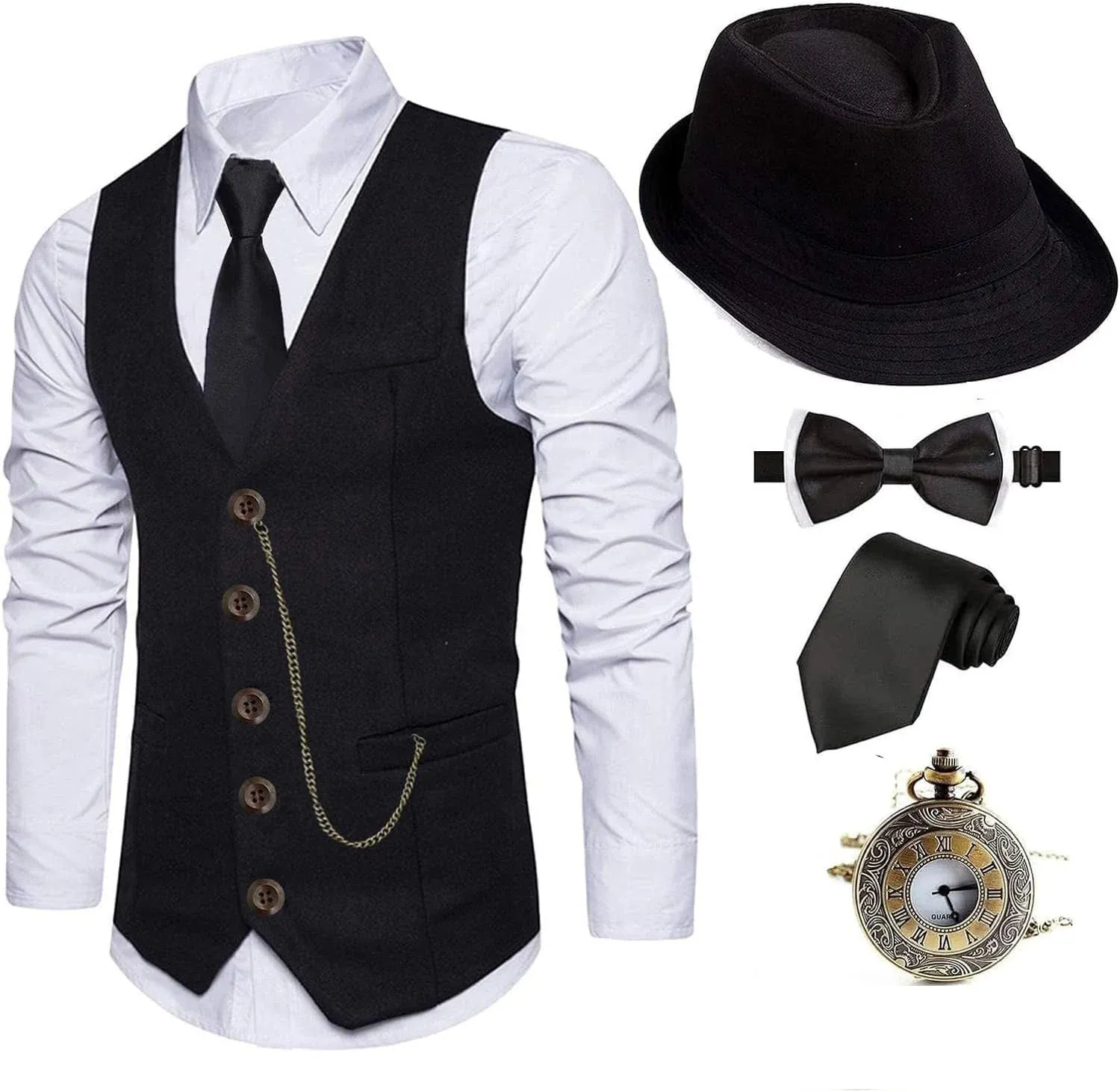 EFORLED 1920s Mens Costume Fedora Hat,Gatsby Gangster Vest,Vintage Pocket Watch,Pre Tied Bow Tie,Tie