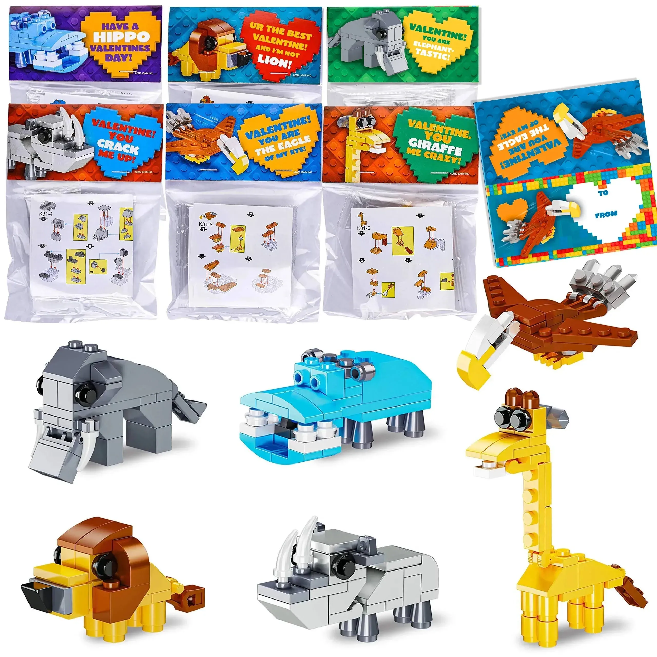 JOYIN 24 Packs Valentines Day Cards with Safari Animal Building Blocks for Valentine Party Favor, Classroom Exchange Prize, Valentine’s Greeting Cards