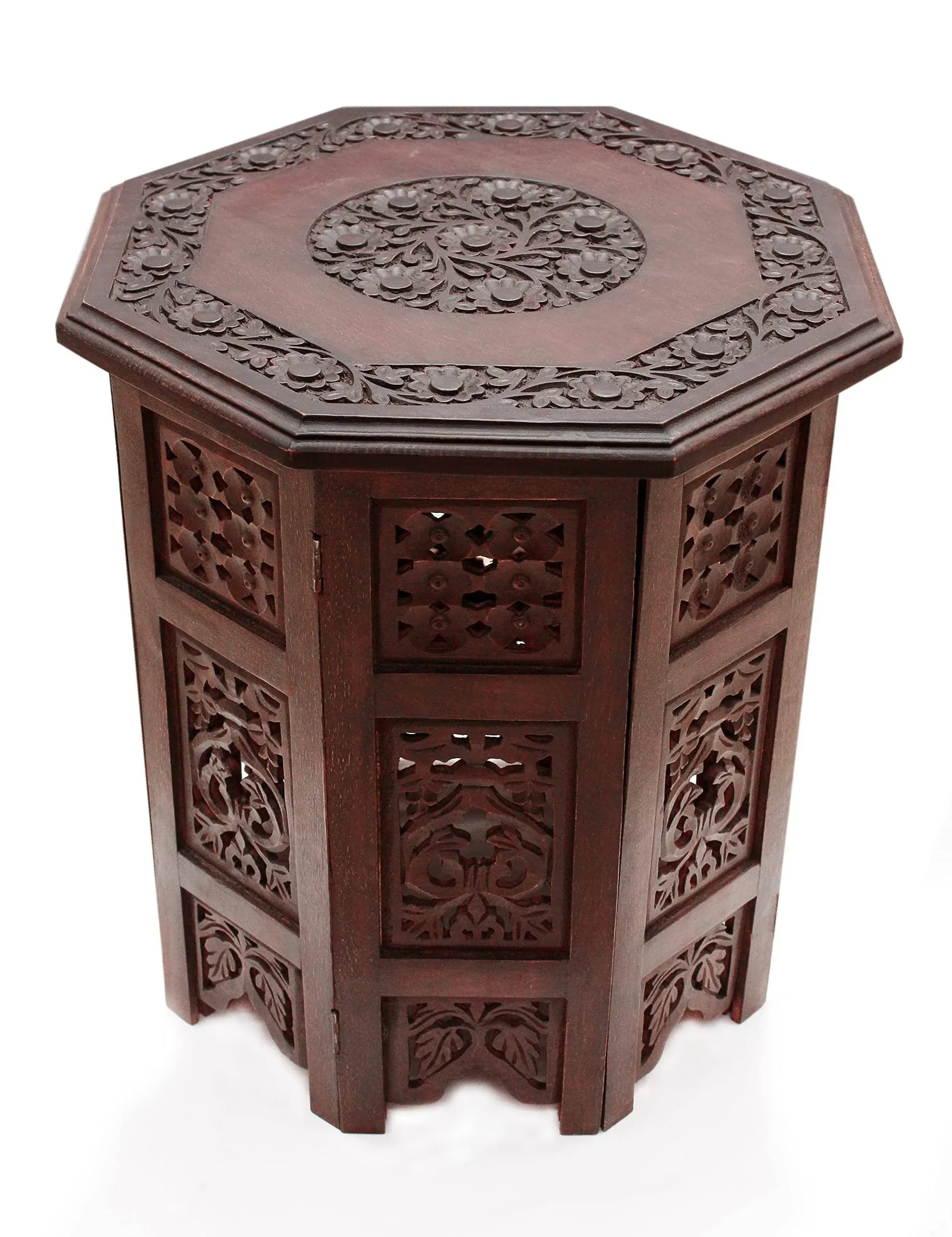 COTTON CRAFT Solid Wood Accent End Table - Hand Carved Vintage Boho Folding Side Table - Small Spaces Entryway Farmhouse Living Room Bedside - No Tools Assembly - 18x18 Octagon - Brown