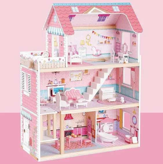 ROBUD Wooden Dollhouse, Doll House Playset with 24-pcs Exquisite Accessories, Working Elevator, Gift for Ages 3+