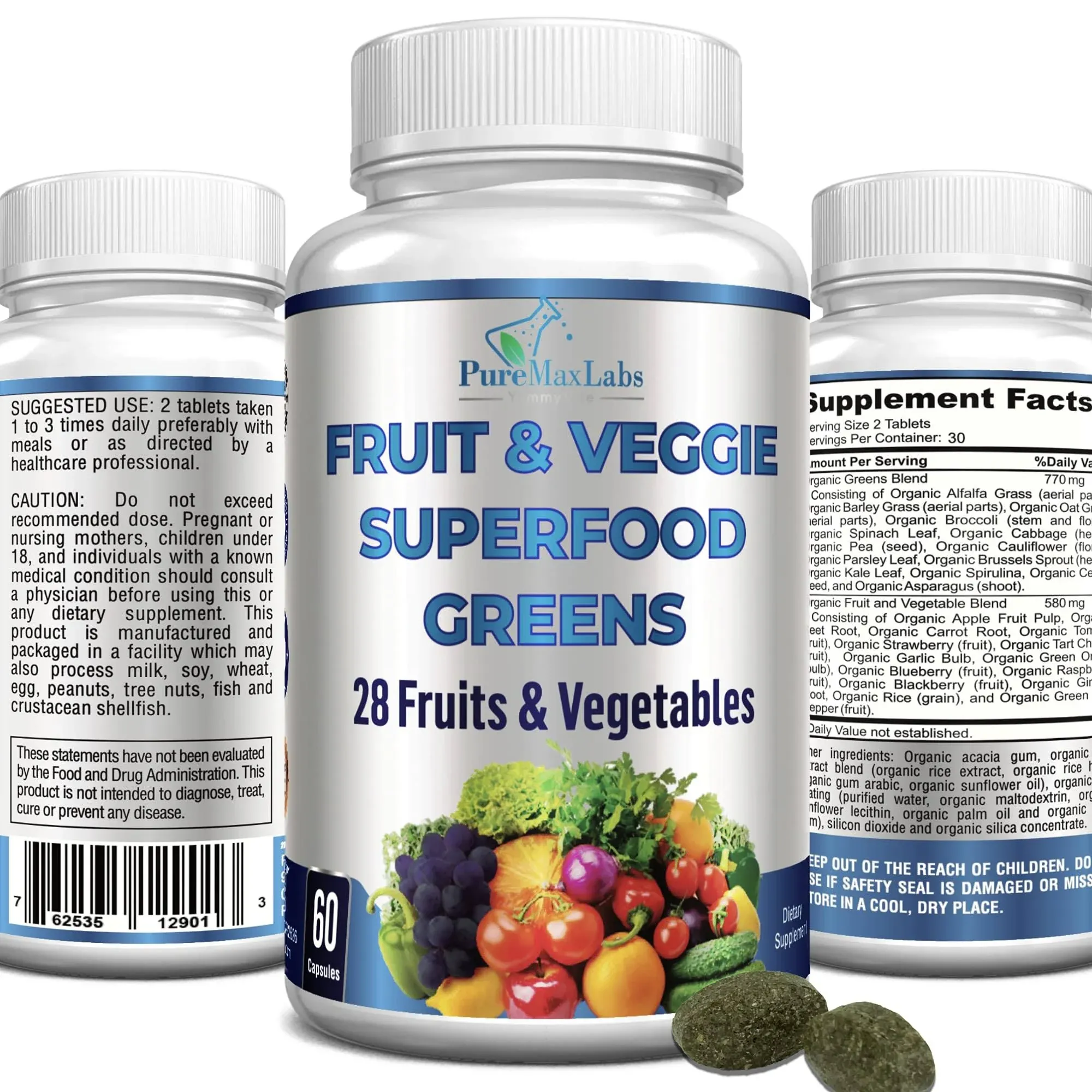 Fruit and Veggie Superfood Greens - 28 Fruits and Vegetables incl. Alfalfa, Barley Grass, Spirulina, Beet Root, Tart Cherry, Concentrated Natural Antioxidants- 60 Tablets