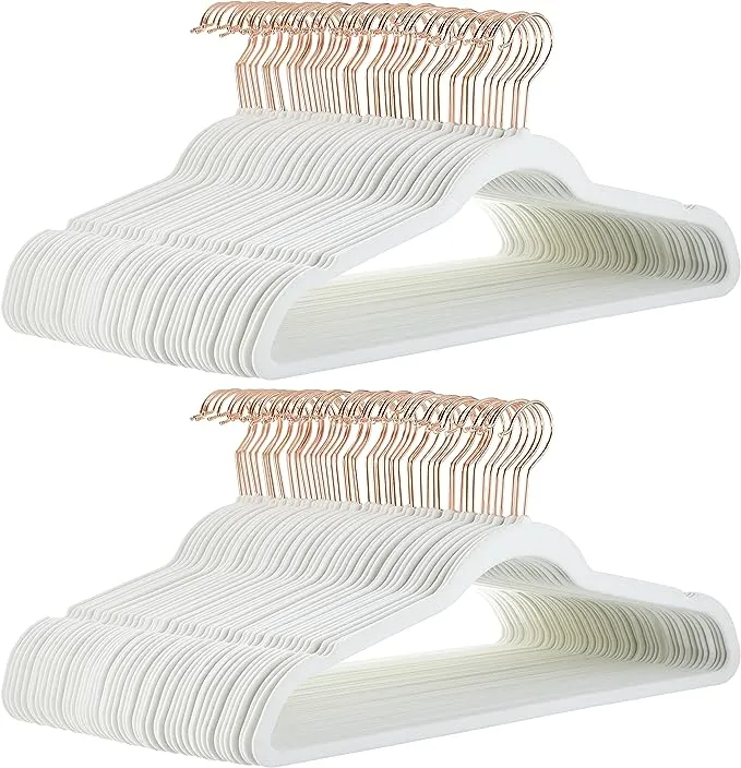 Amazon Basics Slim, Velvet, Non-Slip Suit Clothes Hangers, Ivory/Rose Gold - Pack of 100