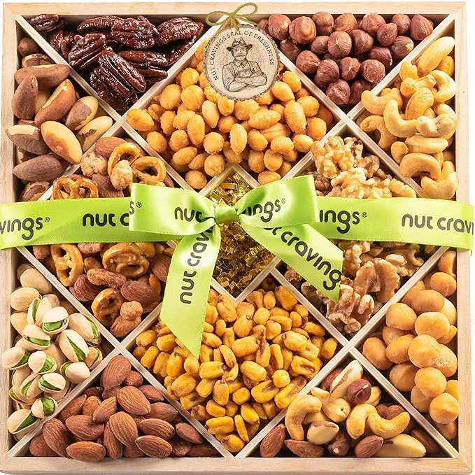 NUT CRAVINGS Gourmet Collection - Valentines Mixed Nuts Gift Basket in Reusable Diamond Wooden Tray + Green Ribbon (12 Assortments) Arrangement Platter, Healthy Kosher Corporate