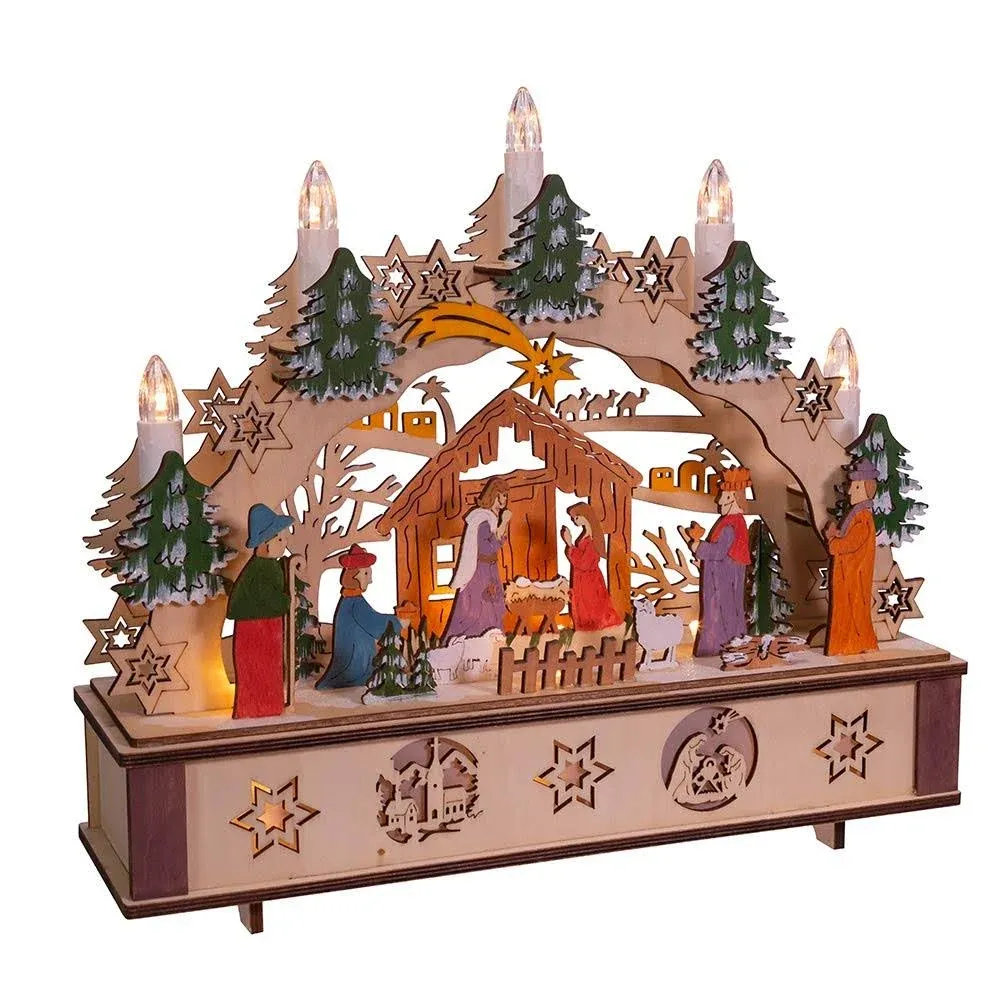 Kurt Adler 11" Battery-Operated Light-Up Wooden Nativity Scene with Candles