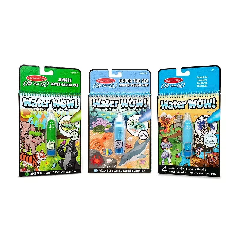 Melissa & Doug On The Go Water Wow! Reusable Color with Water Activity Pad 3-Pack, Jungle, Under The Sea, Adventure, Chunky-Size Water Pens