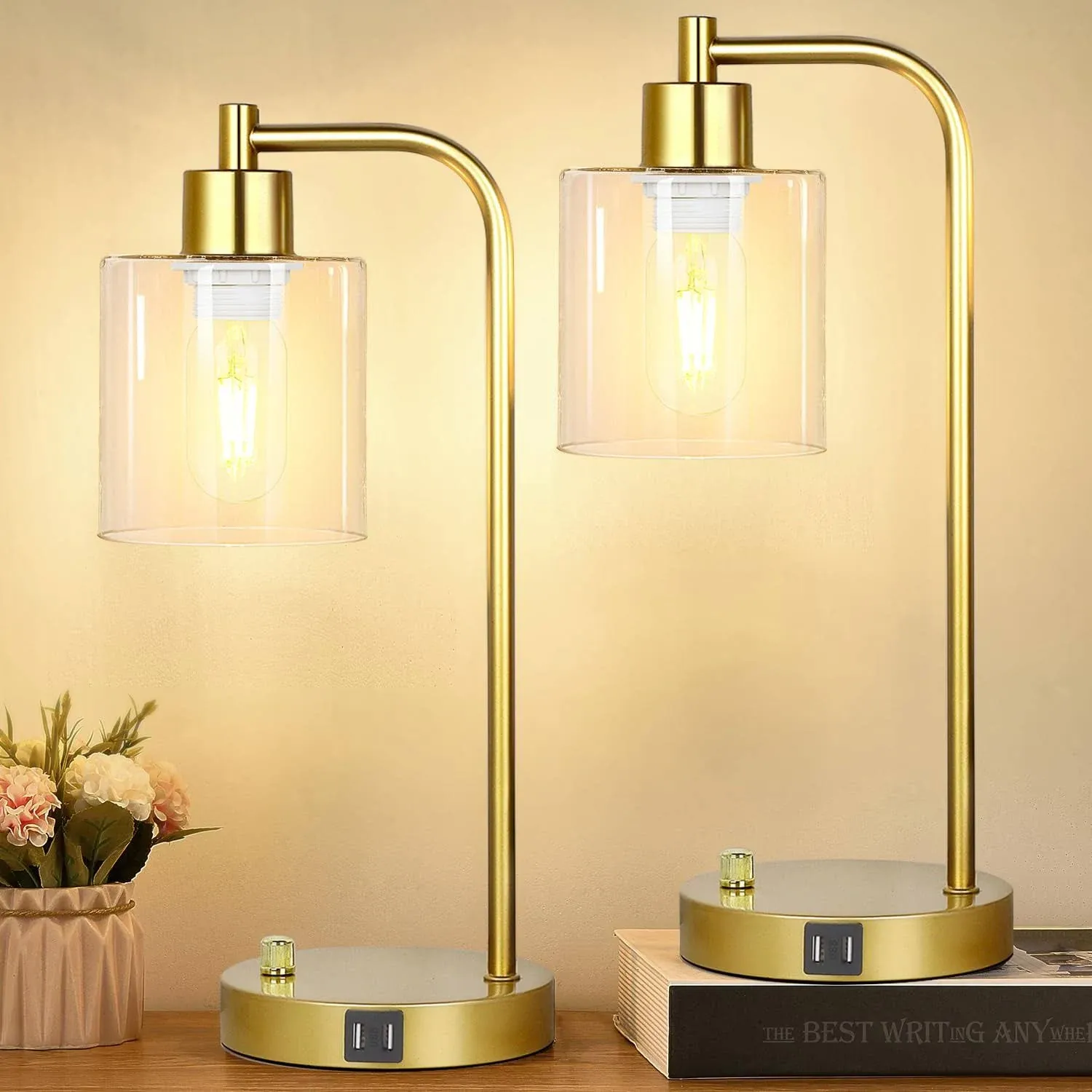 Set of 2 Industrial Table Lamps with 2 USB Port, Gold Fully Stepless Dimmable La