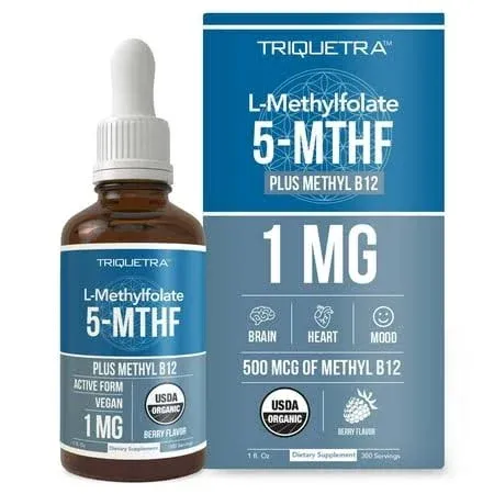 L Methyl Folate 15mg plus Methyl B12 Cofactor - Professional Strength, Active 5-MTHF Form - Supports Mood, Homocysteine Methylation, Cognition – Bioactive forms of Vitamin B9 & B12 (1 oz)