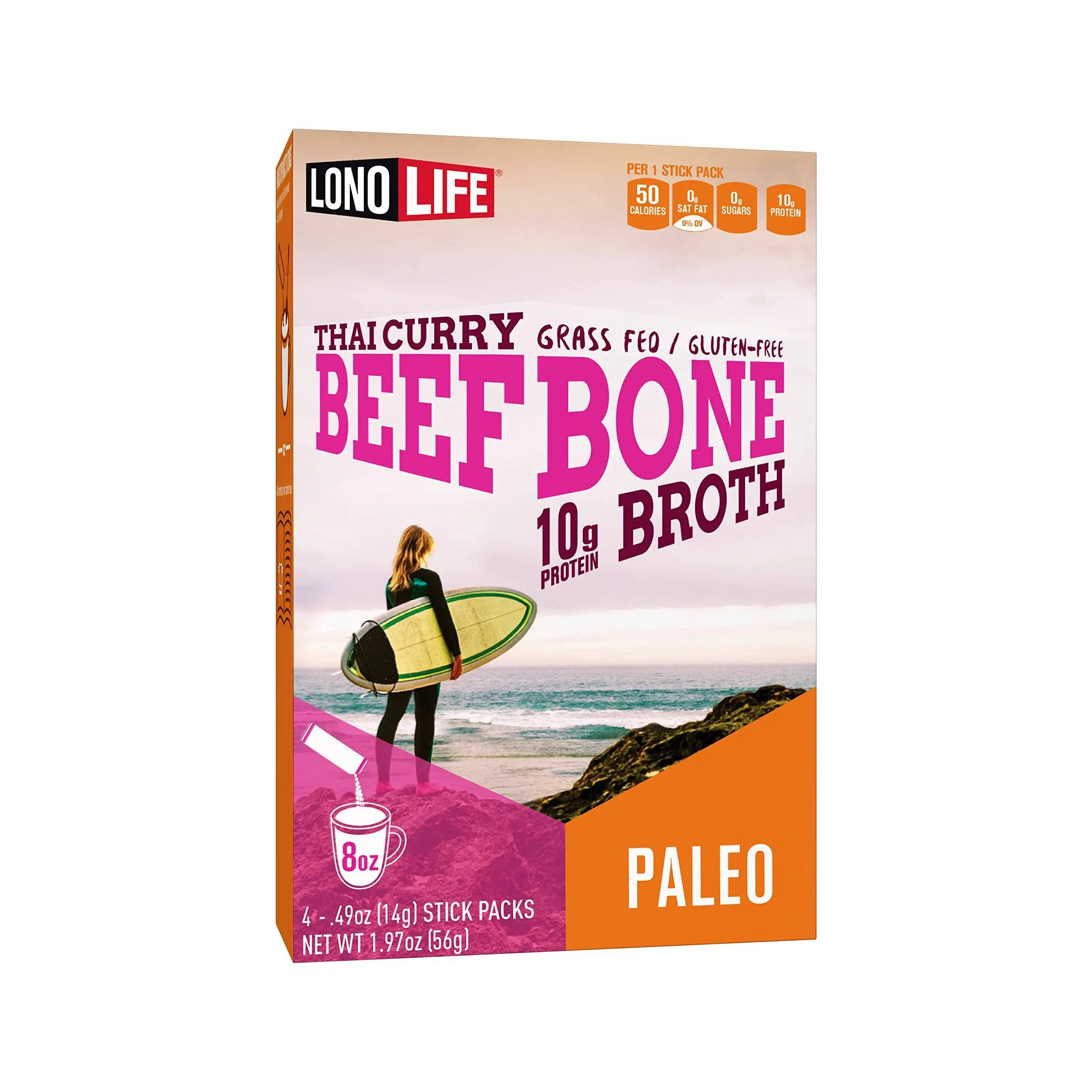 Lonolife Bone Broth, Beef, Thai Curry - 4 pack, 0.49 oz stick packs