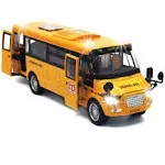 9" Pull Back School Bus,Light Up & Sounds Die Cast Metal Toy Vehicles with Bright Yellow and Openable Doors