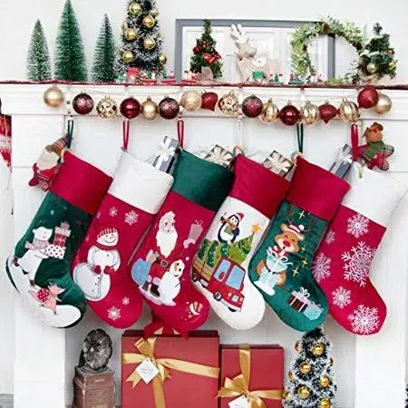 LUBOT 6 Pack Christmas Stockings Embroidered Linen Applique Burlap Fireplace Hanging Christmas Stocking Ornament for Family Decorations