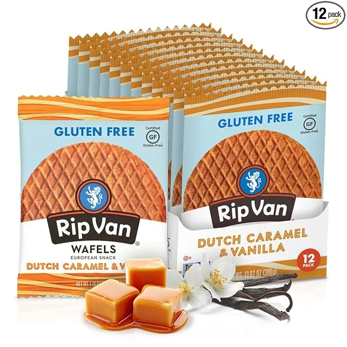 Rip Van Wafels Gluten-Free Stroopwafel - Dutch Caramel & Vanilla Stroopwafels - Healthy Gluten Free Snacks - Non-GMO Snacks - Low Sugar (6g) - Low Calorie Snack - 12 Count