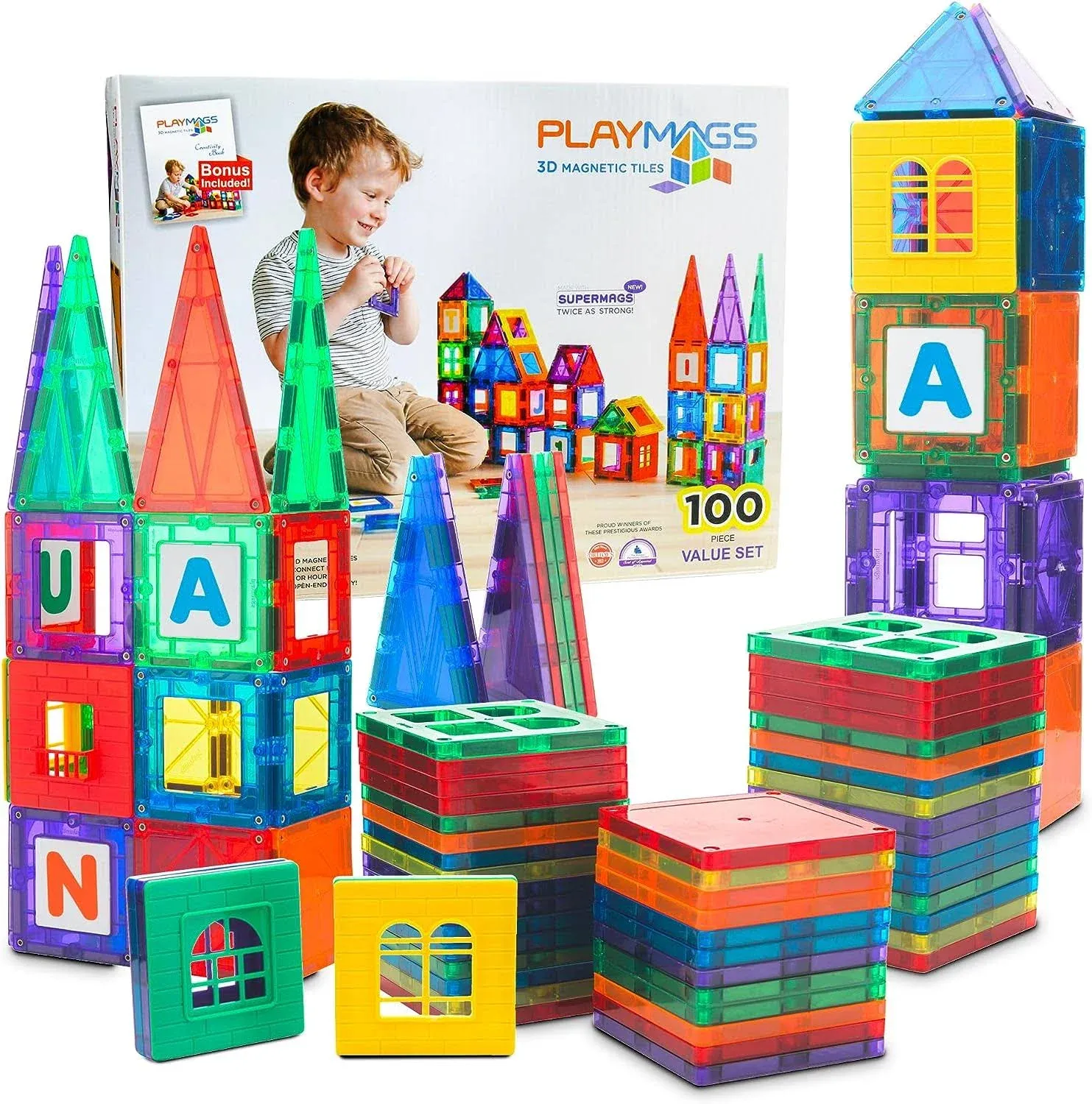 Playmags 100-Piece Magnetic Tiles Building Blocks Set, 3D Magnet Tiles for Kids Boys Girls, Educational STEM Toys for Toddlers…