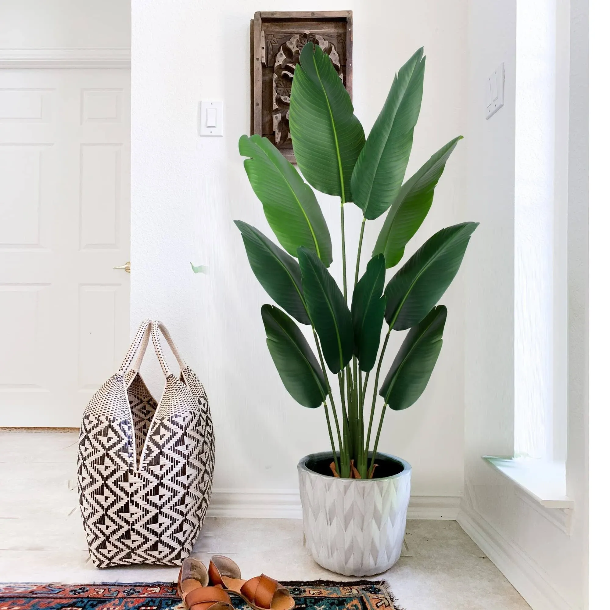 Artificial Bird of Paradise Plant 5 ft Tall Fake Banana Leaf Plant for Indoors and Outdoors,Faux Palm Tree with Plastic Pot - Green