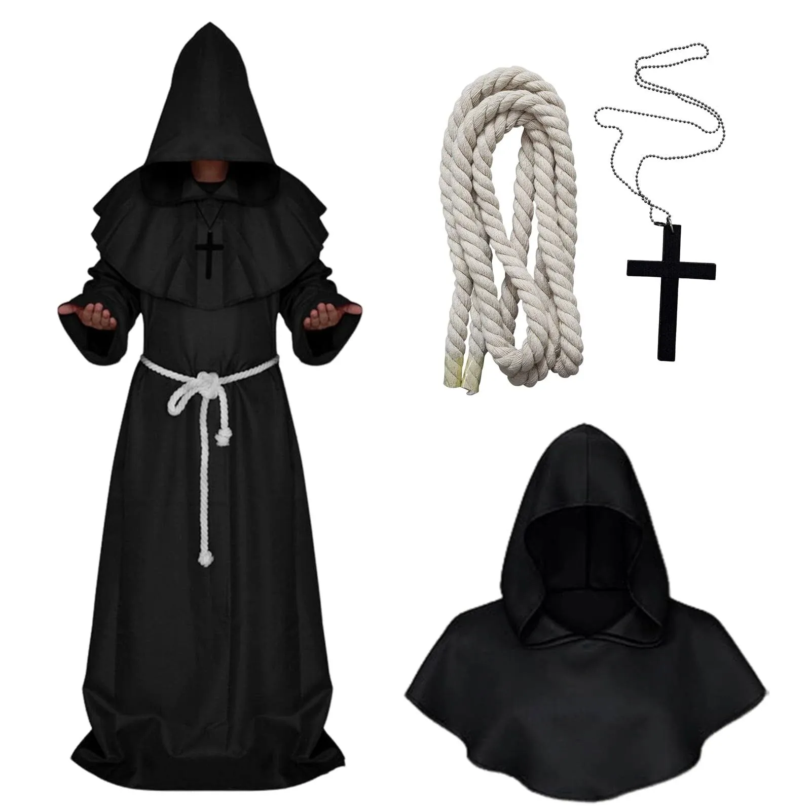 Friar Medieval Hooded Monk Renaissance Priest Robe Costume Cosplay (S, Black)