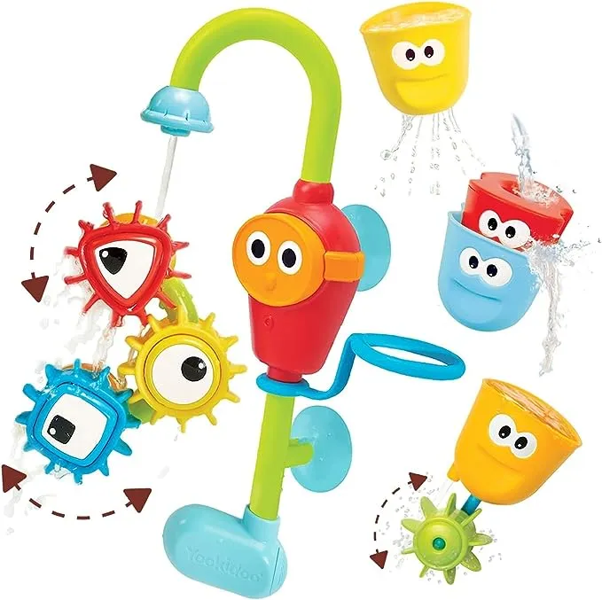 Yookidoo Bay Bath Toddler Toys (Ages 1-3) - 3 Stackable Cups, Spinning Gears, Hose & Spout for Water Play - Mold Free - Suction Cups Attach to Any Bath Tub or Shower - Spin N Sort Spout Pro