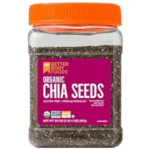 Betterbody Foods Organic Chia Seeds with Omega-3, Non-GMO, Gluten Free, Keto Diet Friendly, Vegan, Good Source of Fiber, Add to Smoothies, 1.25lb