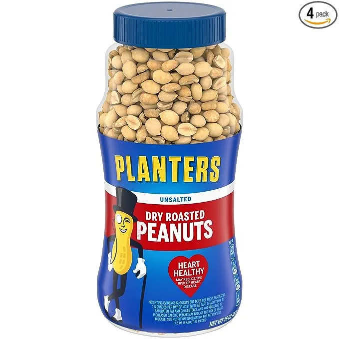 Planters Unsalted Dry Roasted Peanuts, 16 Ounce (4 Pack)