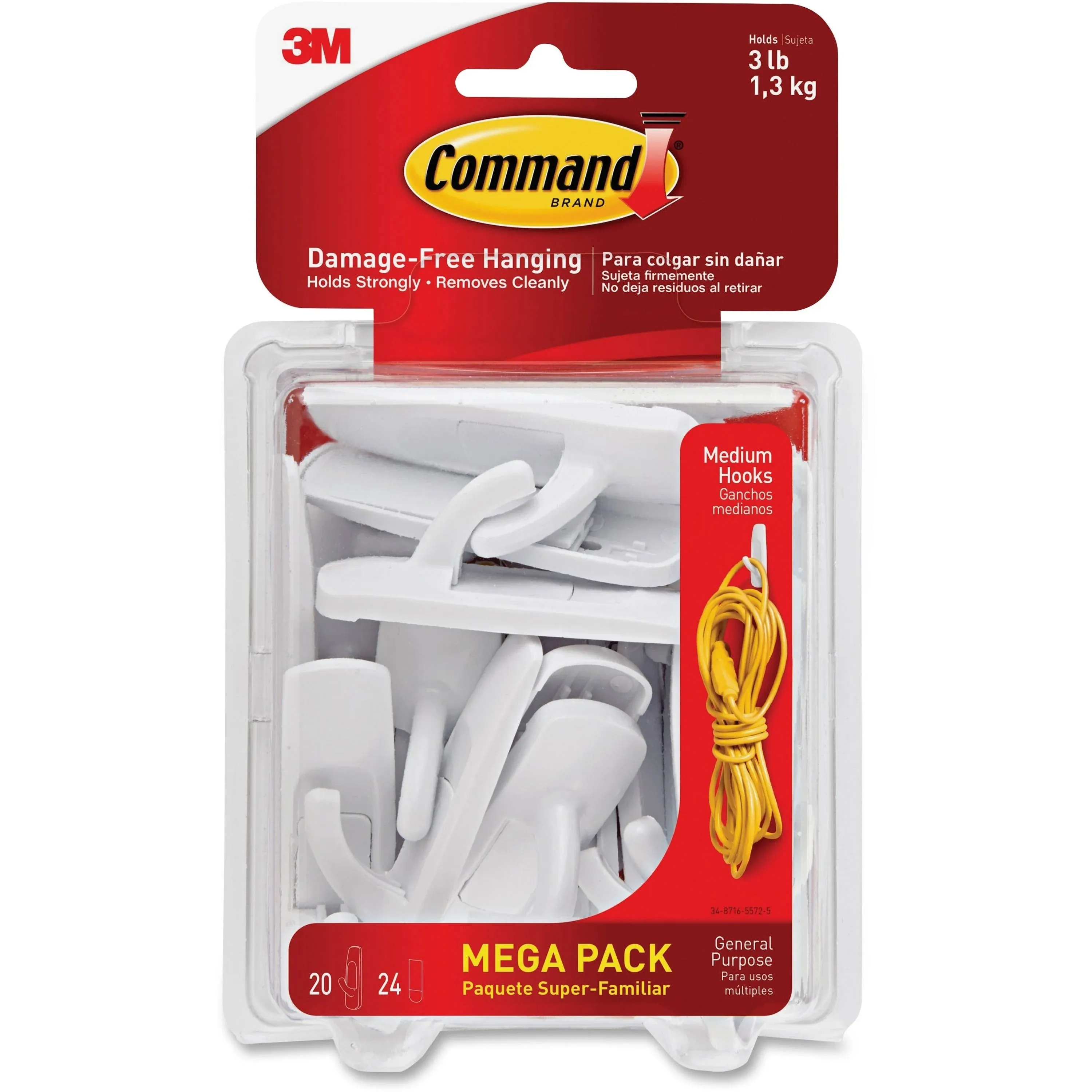 Command General Purpose Hooks, 3lb Capacity, Plastic, White, 20 Hooks, 24 Strips/Pack