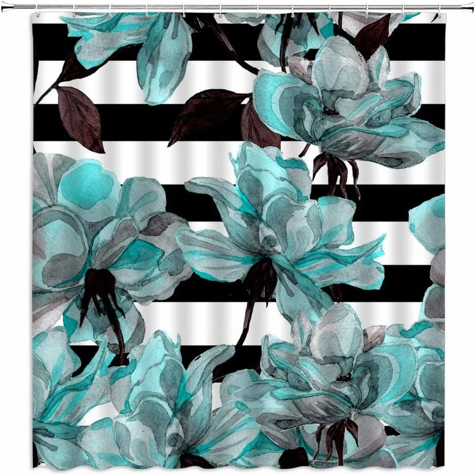 AMFD Teal Turquoise Flower Shower Curtain Black and White Striped Roses Floral Watercolor Abstract Art Rustic Home Bathroom D