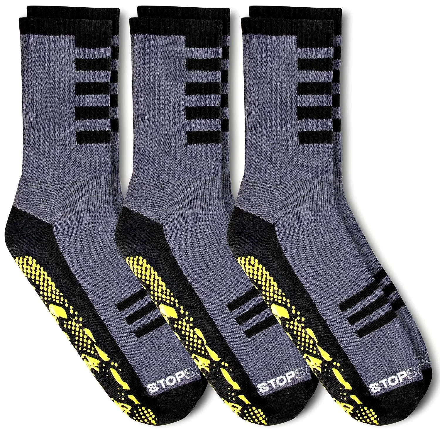 STOPSOCKS Athletic Non Slip Skid Socks Medium, Grey/Yellow - Crew (3pk) 