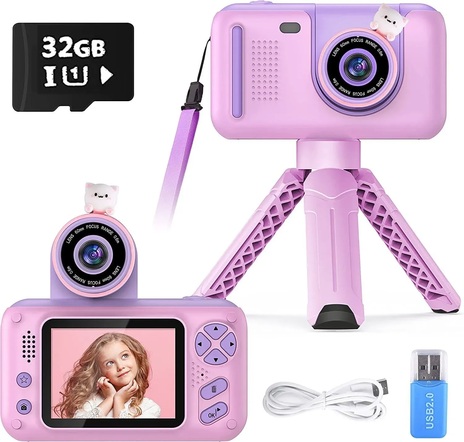 Purulu Kids Camera w Flip Up Lens Plus-Pink For Selfie &amp; Video 32GB SD Card