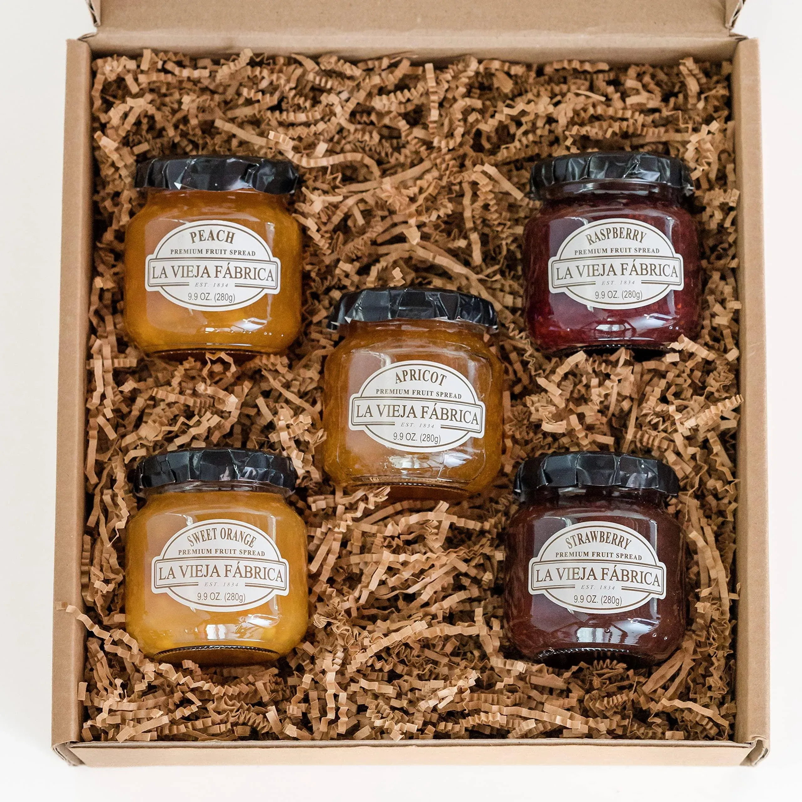 La Vieja Fabrica Fruit Spread Gift Box – Includes Sweet Orange, Peach, Apricot, Raspberry & Strawberry Jam – 9.9 oz (5 Jars)