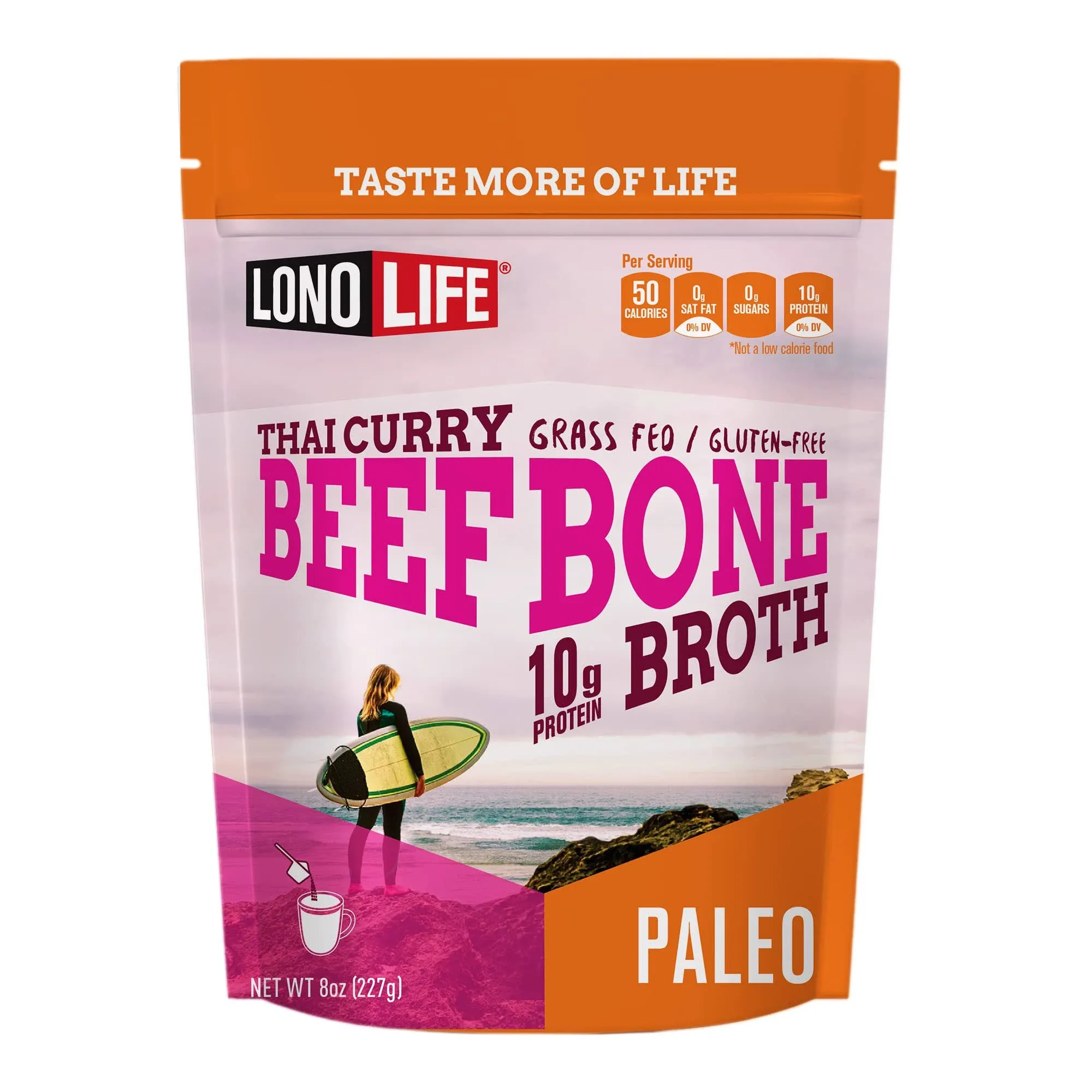 LonoLife Thai Curry Beef Bone Broth Powder with 10g Protein, 8-Ounce Bulk Container