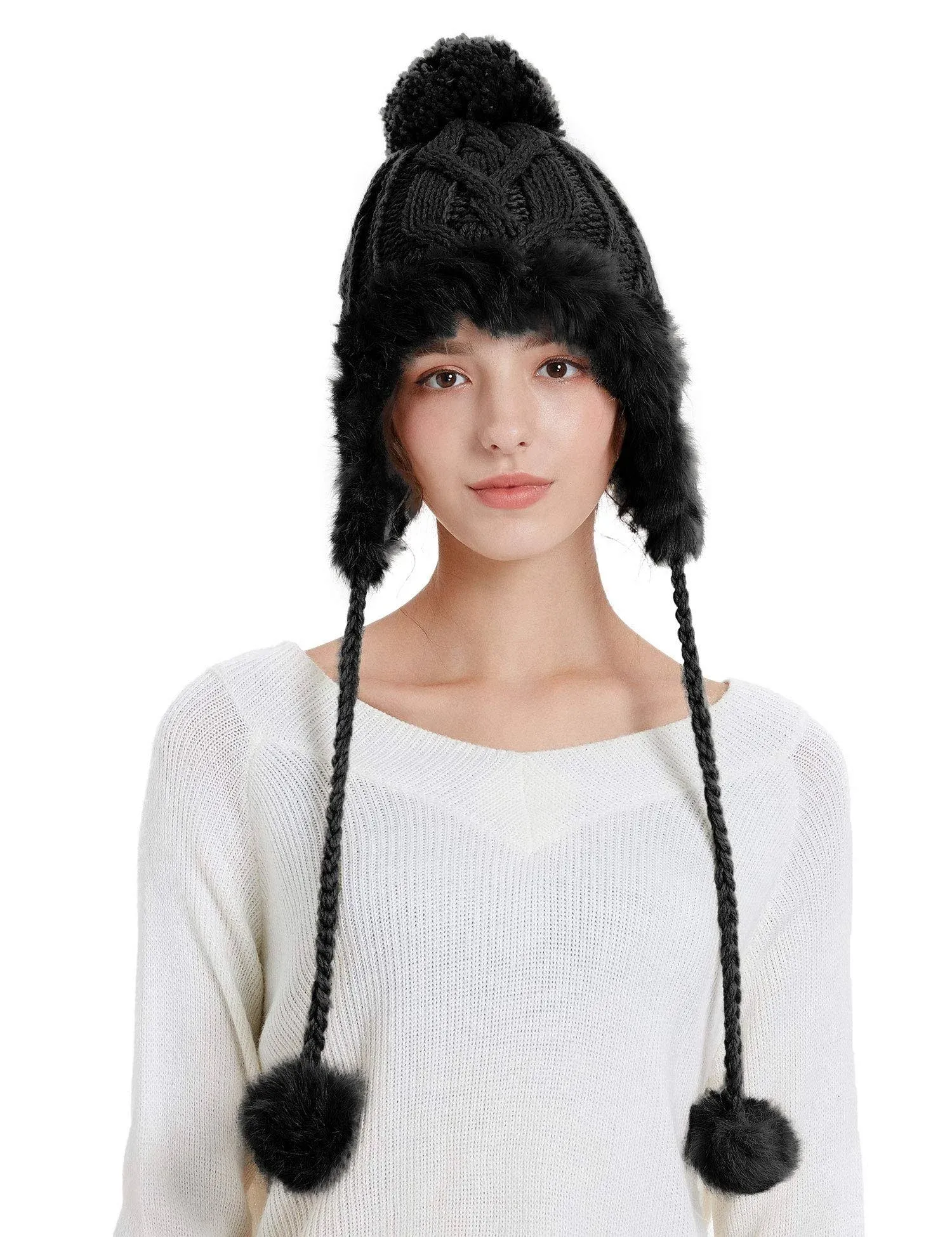 Zecmos Winter Skull Beanie Hat Women Faux Fur Knit Warm Soft Ski Cap Fleece Ear Flaps