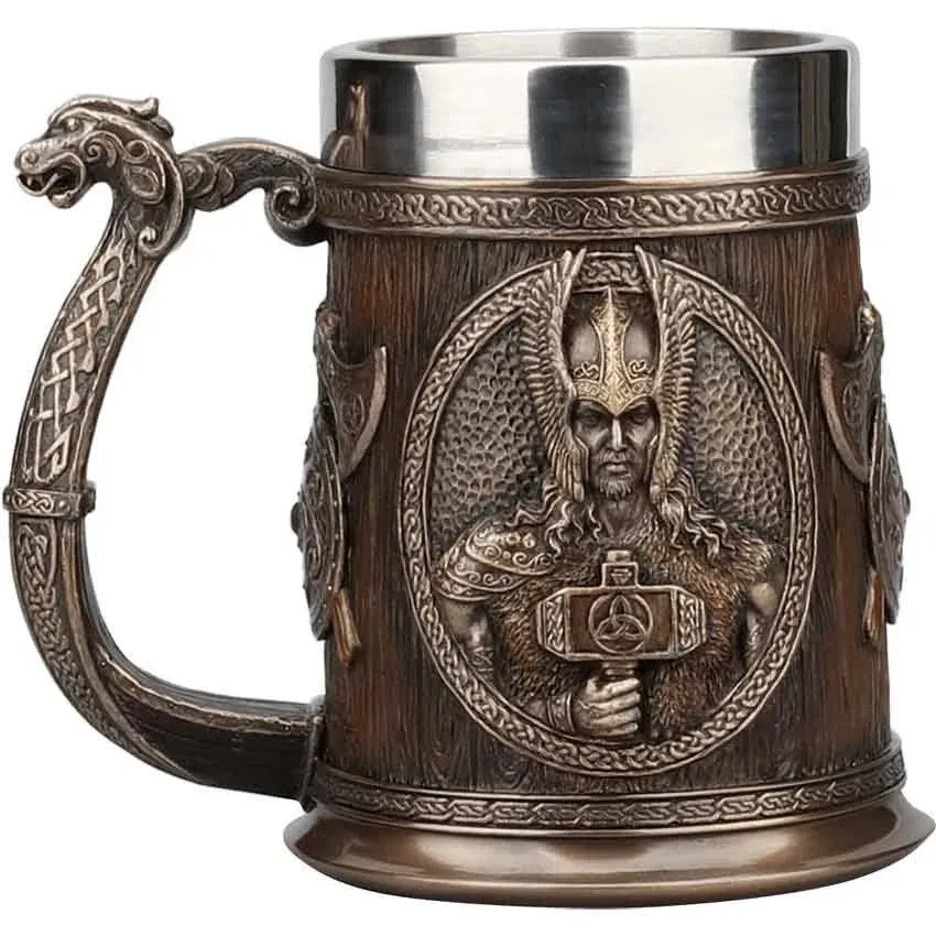 Unicorn Studio Veronese Design 5 7/8 Inch Viking Norse Gods Thor Odin Long Boat Beer Stein Cold Cast Resin Bronze Finish Statue Home Decor