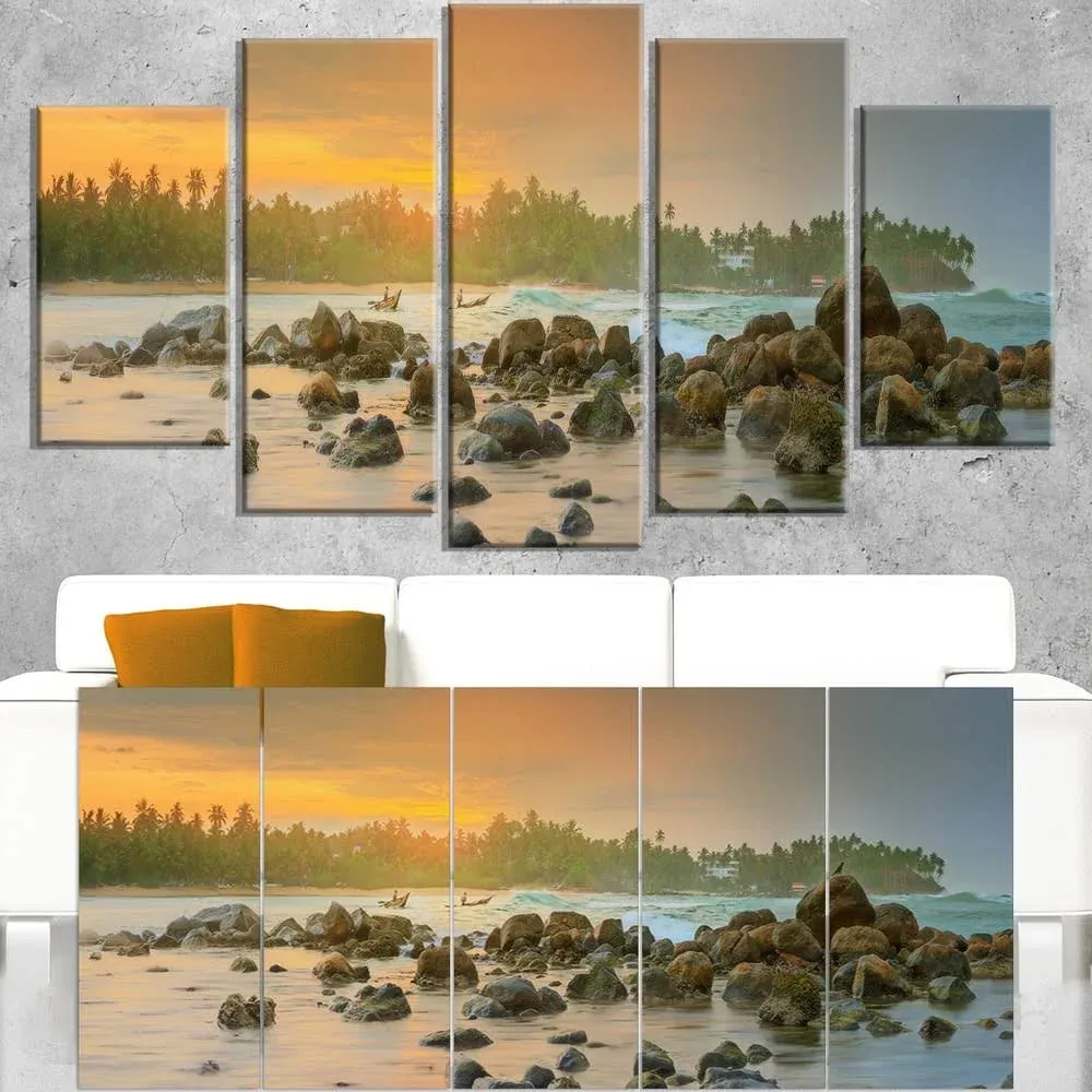 Designart 'Rocky Romantic Beach of Sri Lanka' 5 Piece Photographic Print on ...