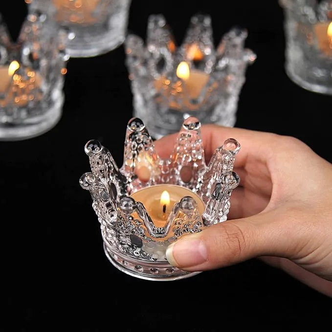 Vixdonos Clear Votive Candle Holders Set of 6 Crown Glass Tealight Candle Holder for Wedding, Party and Home Decor