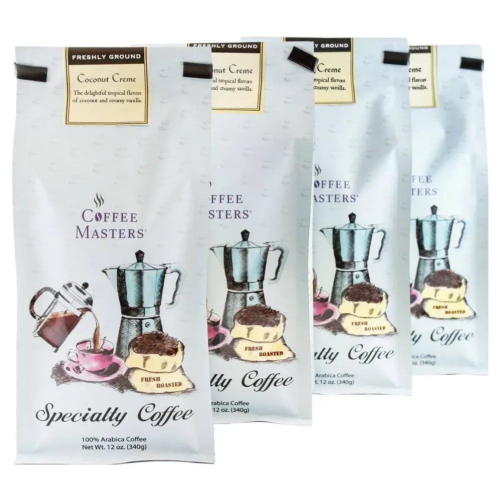 Coffee Masters Flavored Coffee, Coconut Creme, Ground, 12-Ounce Bags (Pack of 4)