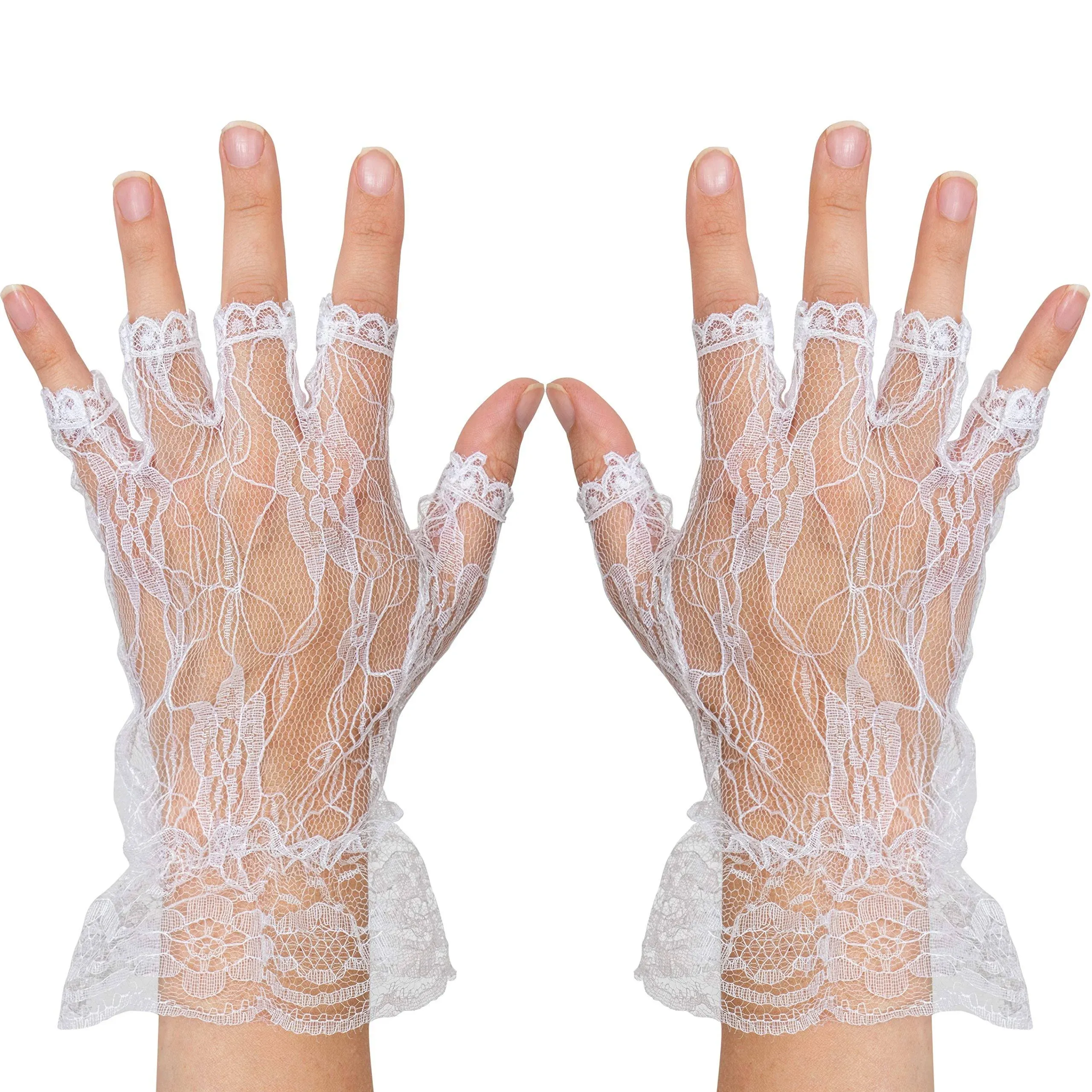 Skeleteen Fingerless Lace White Gloves - Ladies and Girls Ruffled Lace Finger Free Bridal Wrist Gloves