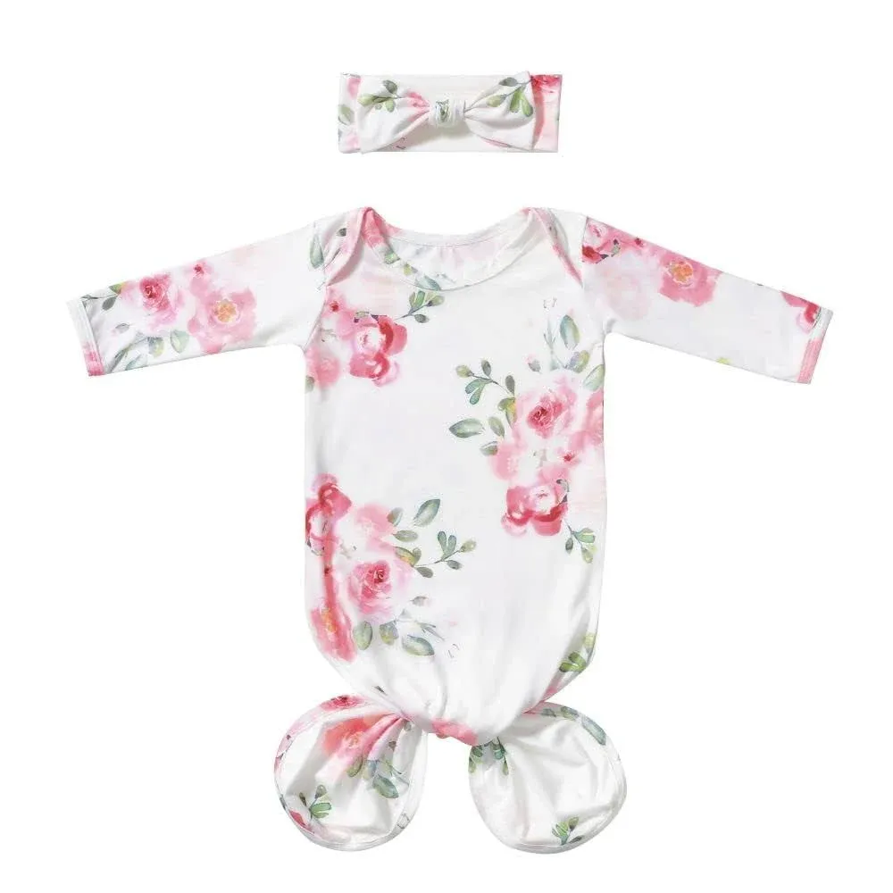 Baby Knotted Gown Newborns 0-6 Months, Soft Breathable Newborn Sleeper Gowns, Baby Girl Coming Home Outfit Essential Gift Watercolor Floral with Headband Set