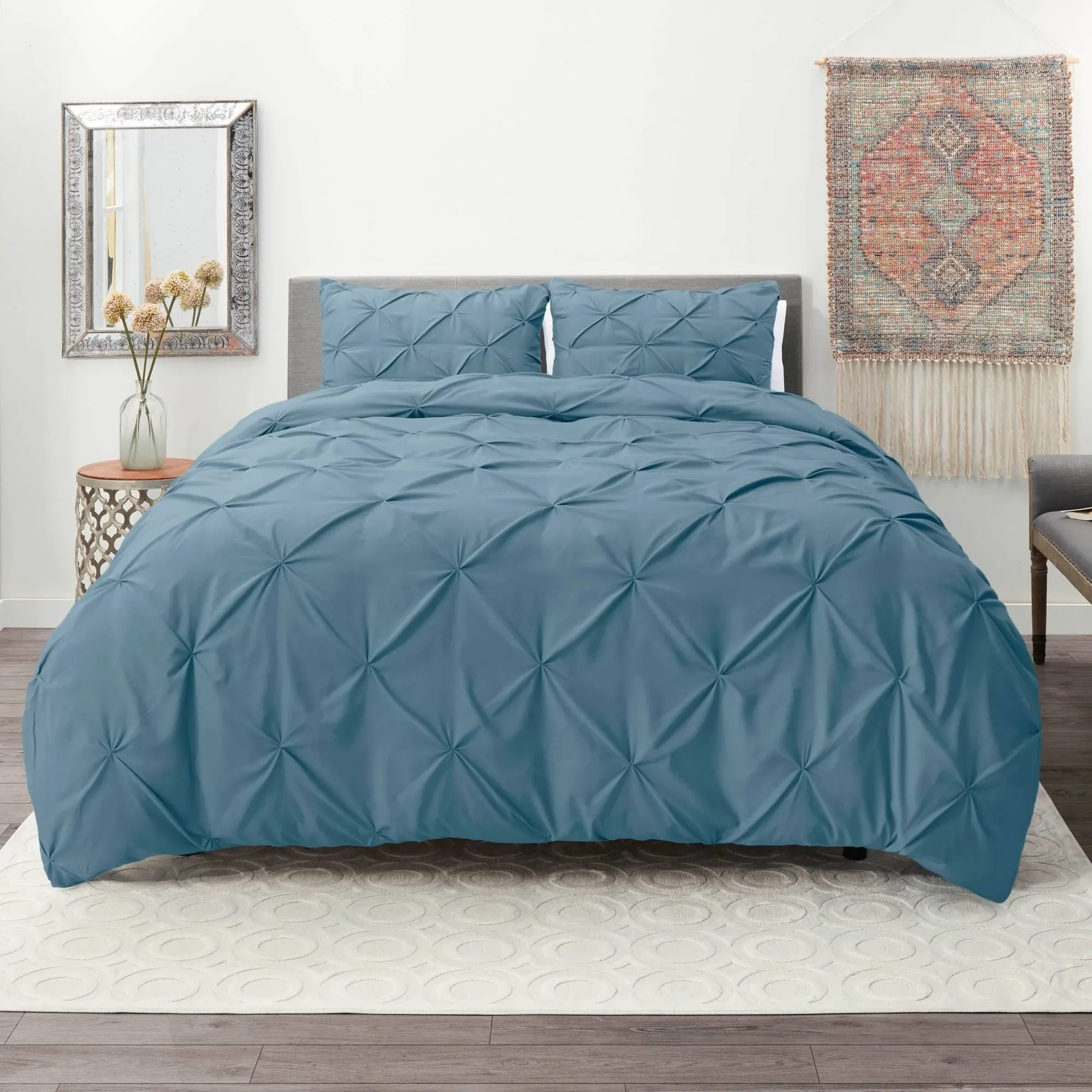 Blue Heaven King Pinch Pleat Duvet Cover Set 3Pc Luxurious Pintuck Style