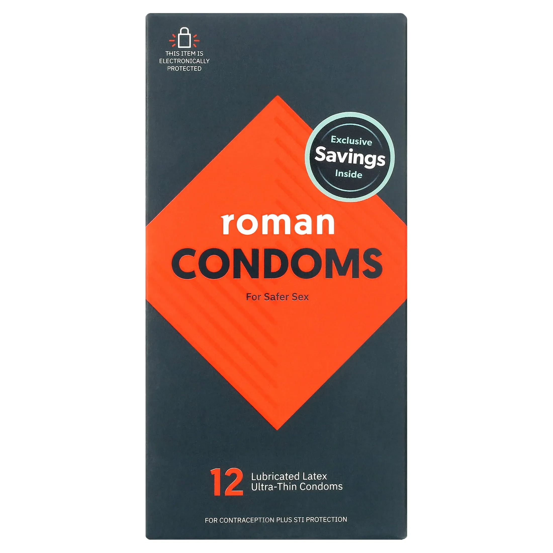 Roman Ultra Thin Condoms, 100% Natural Latex Lubricated Condoms, 12 Pack