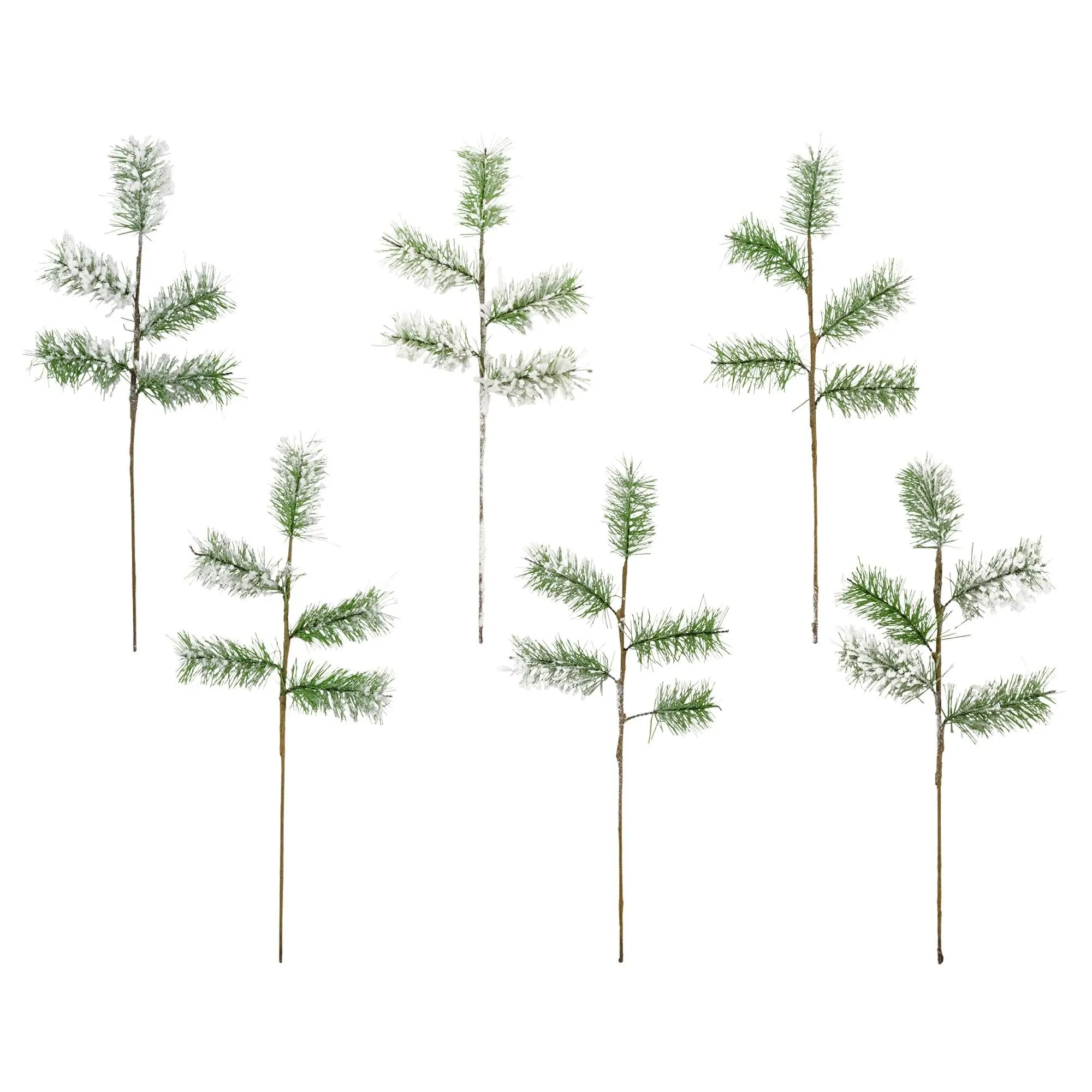 AuldHome Flocked Evergreen Greenery Picks (6-Pack); Snow Frosted Christmas Decor ...