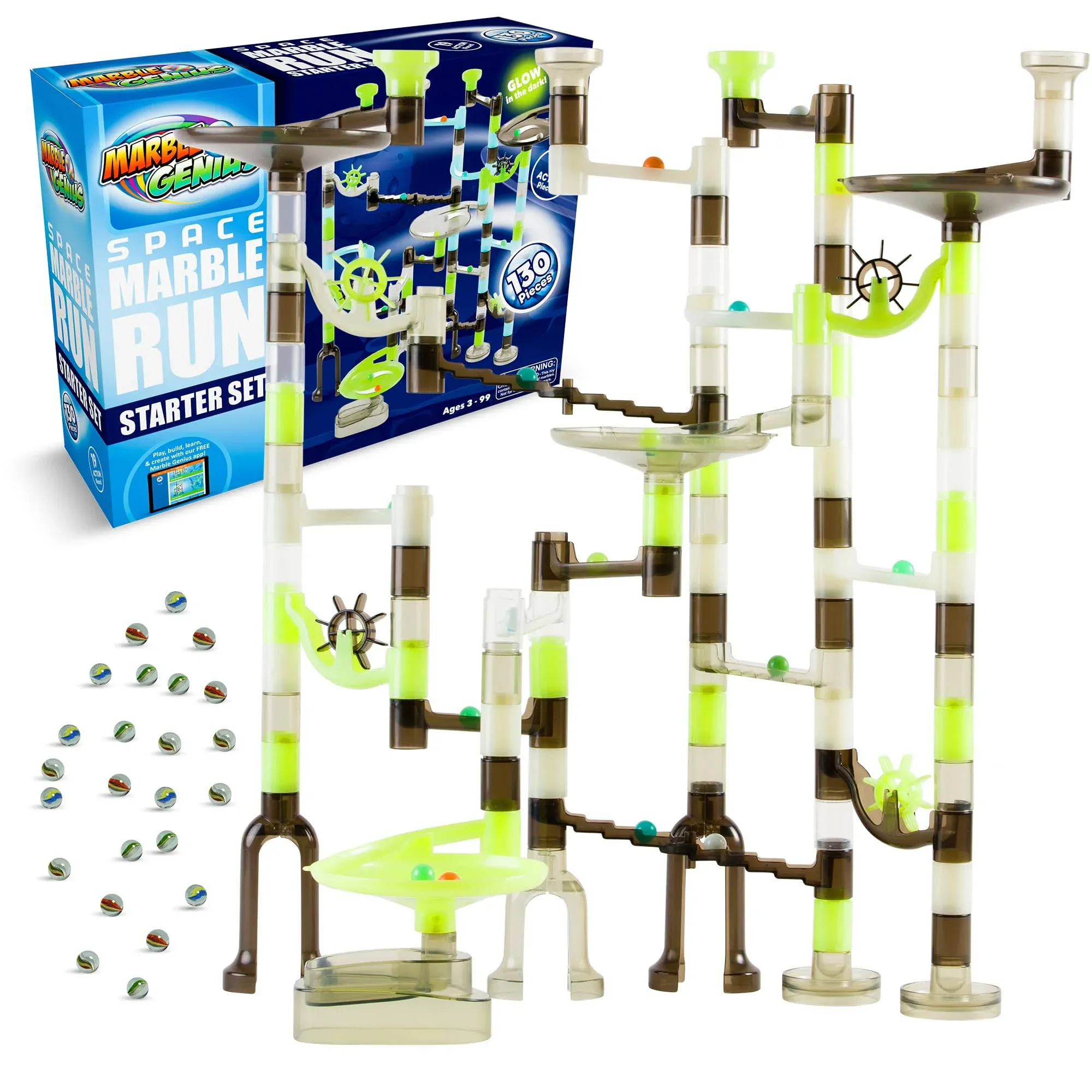 Marble Genius Marble Run Space Starter Set - Glow-in-The-Da<wbr/>rk - 130 Complete ...