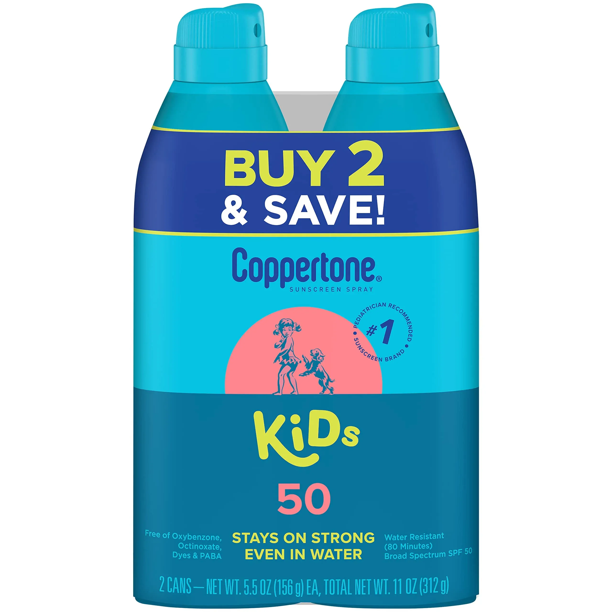 Coppertone Sunscreen Spray SPF 50, Broad Spectrum, Water Resistant for Kids, #1 Pediatrician Recommended Brand, 5.5 Ounce (Pack of 2)