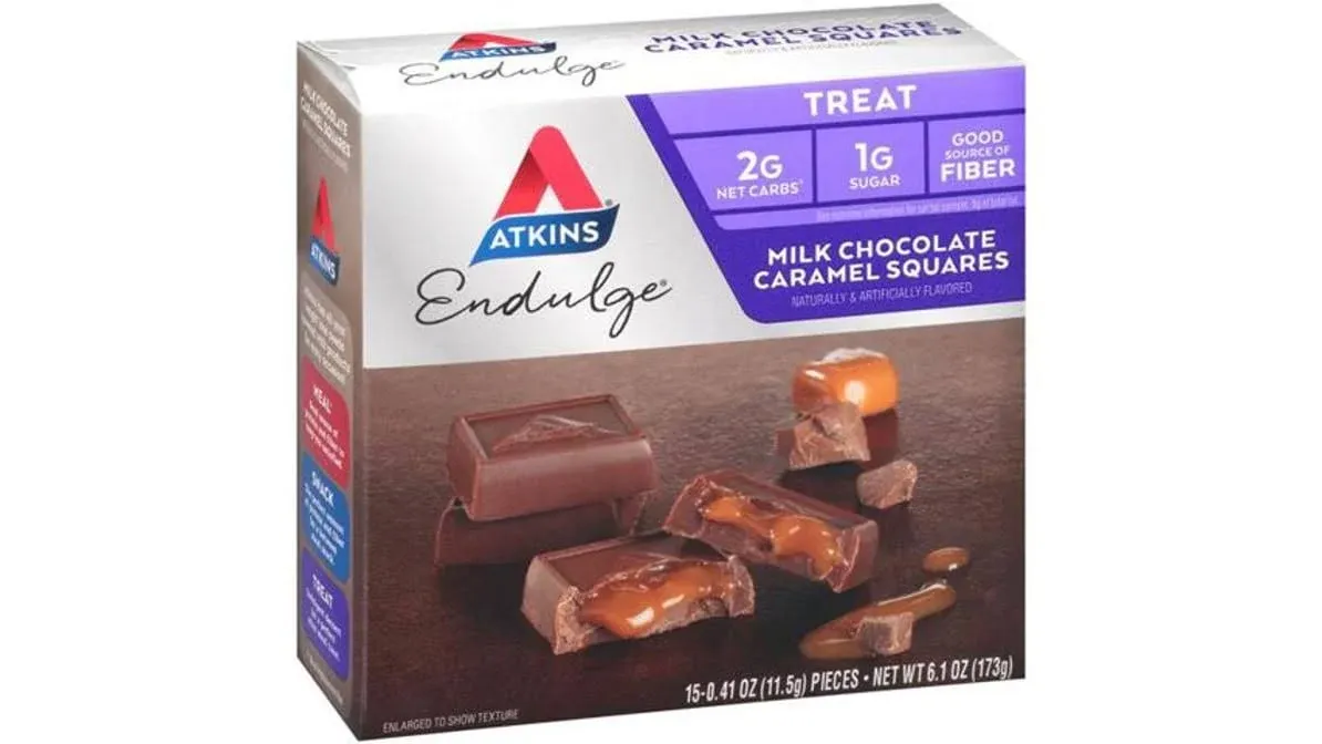 Atkins Endulge Milk Chocolate Caramel Squares, Dessert Favorite, Good Source of Fiber, 1g Sugar, 48 Count (16 Servings)